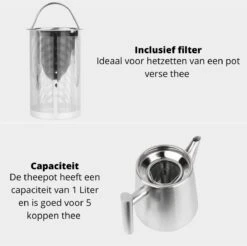 Castagnola Theepot Met Filter – Theekan – Theepot Dubbelwandig – Theepot Roestvrijstaal – Hoogwaardig RVS – 1 Liter – 5 Kopjes Thee – Zilver -Keuken Accessoires Verkoop 1200x1195 7
