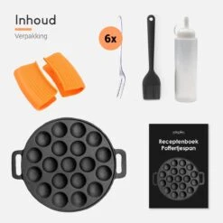 Ocina Poffertjespan – Combo Pack – 19 Poffertjes – Poffertjesmaker – Poffertjespan Inductie – Poffertjespan Electrisch – Gietijzeren Pan - Inclusief Doseerfles, Handvaten, 6x Poffertjesvorken En Invetkwast – Gratis Receptenboek -Keuken Accessoires Verkoop 1200x1200 490
