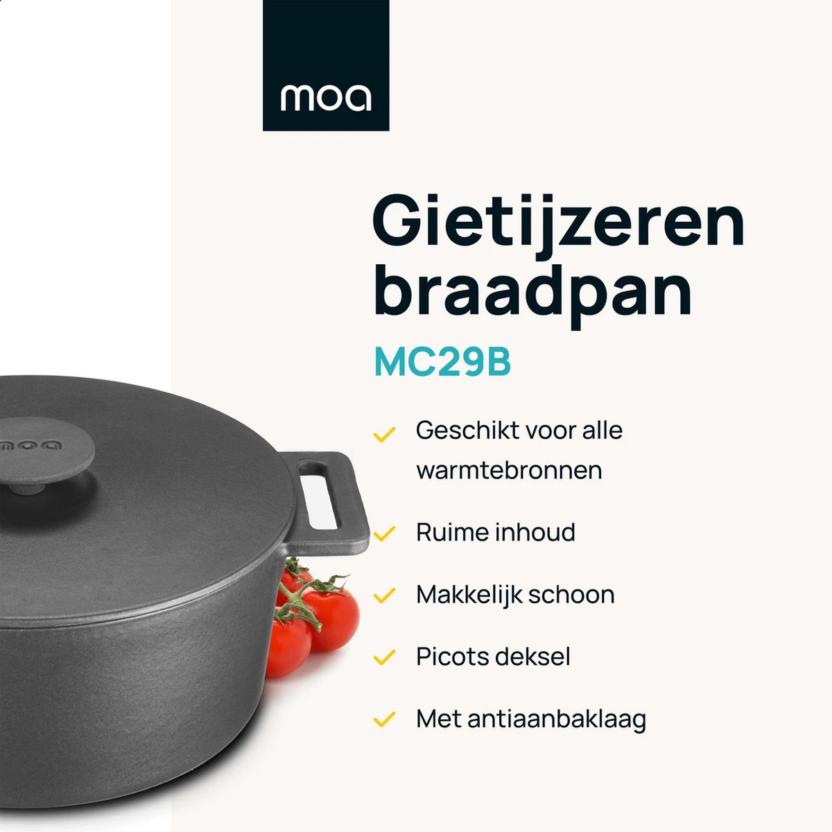 MOA Gietijzeren Braadpan - Inhoud 7,1 Liter - 29CM - Rond - Alle Warmtebronnen - Ook Voor Inductie - Gewicht 7,6 Kg - Zwart - MC29B 4 MOA Gietijzeren Braadpan - Inhoud 7,1 Liter - 29CM - Rond - Alle Warmtebronnen - Ook Voor Inductie - Gewicht 7,6 Kg - Zwart - MC29B - Afbeelding 2