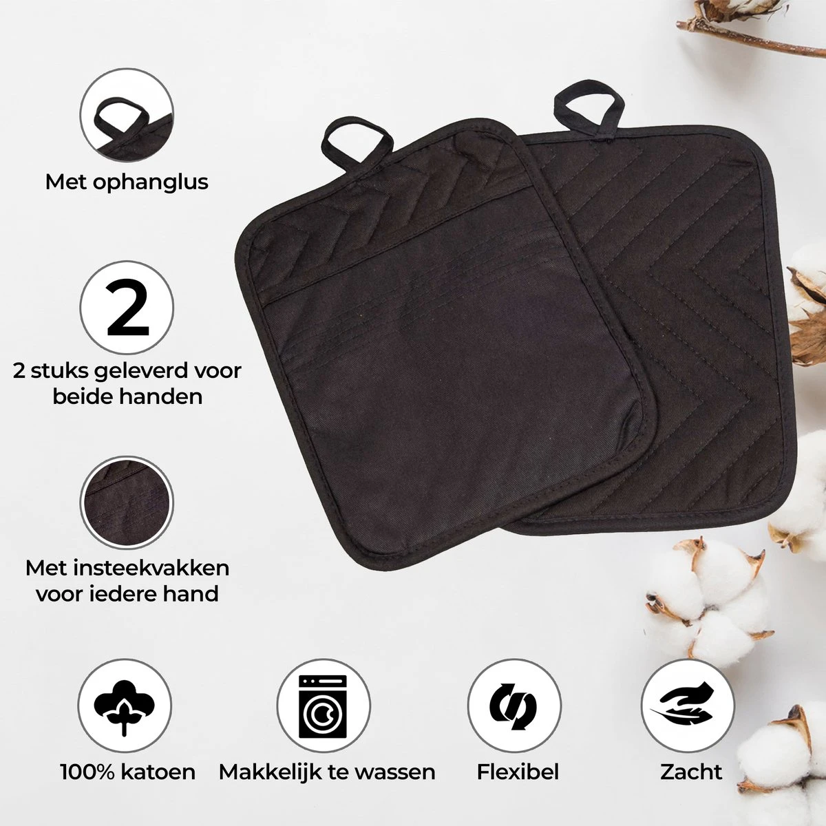 Roegaarden Pannenlappen - Pannenlap - 2 Stuks - Met Insteekvakken - Zwart 4 Roegaarden Pannenlappen - Pannenlap - 2 Stuks - Met Insteekvakken - Zwart - Afbeelding 2
