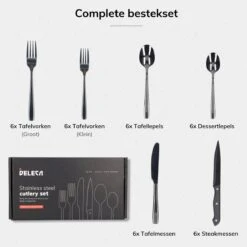 Deleca 6 Persoons Bestekset (36-delig) - Lepels, Messen, Vorken & Steakmessen - Vaatwasserbestendig - Zwart / RVS -Keuken Accessoires Verkoop 1200x1200 896