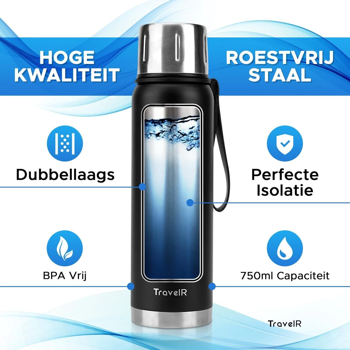 TravelR Thermosfles - Thermoskan - Drinkfles - Isoleerfles - BPA Vrij - Roestvrij Staal - 750 ML - Mat Zwart 5 TravelR Thermosfles - Thermoskan - Drinkfles - Isoleerfles - BPA Vrij - Roestvrij Staal - 750 ML - Mat Zwart - Afbeelding 3