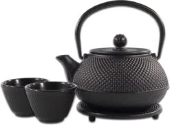 SakuraTea - Theepot Set - 4-delig - Gietijzer - Zwart - 0.8L - 2 Kopjes (100ml)